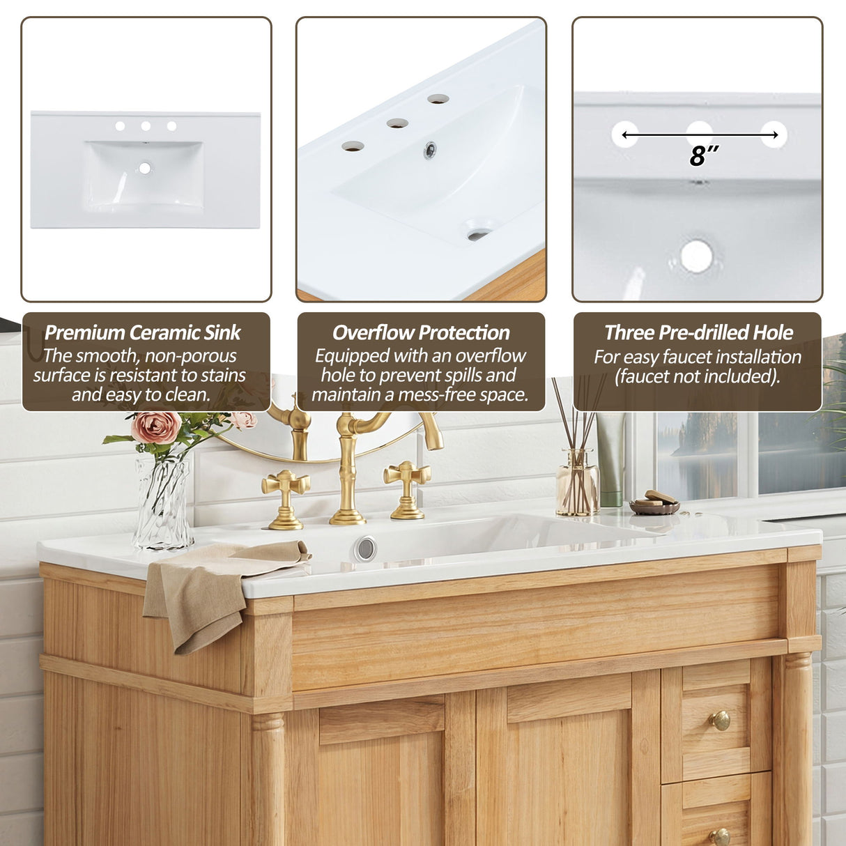 Modern Bathroom Vanity With Ceramic Sink, Soft Close Doors, Adjustable Shelves