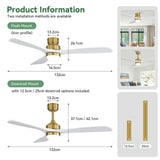52" Ceiling Fan With Light And DC Motor, Flush Mount / Downrod, Ideal For Living Room - Gold / White