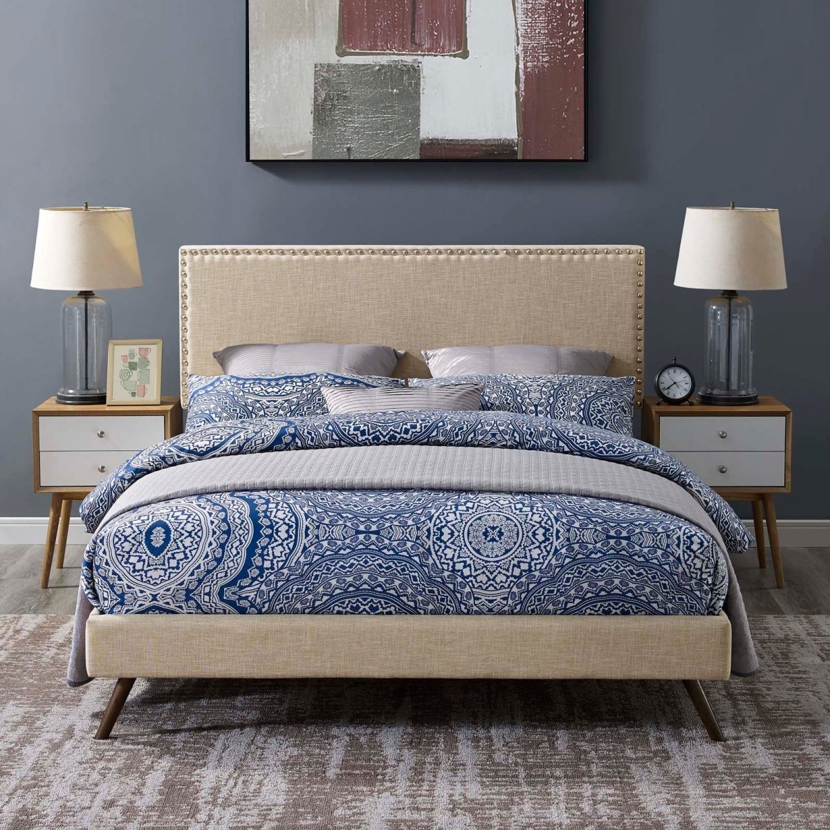 Fabric Queen Platform Bed with Round Splayed Legs in Beige - Platform Bed available at Alpine Outlets in Denver