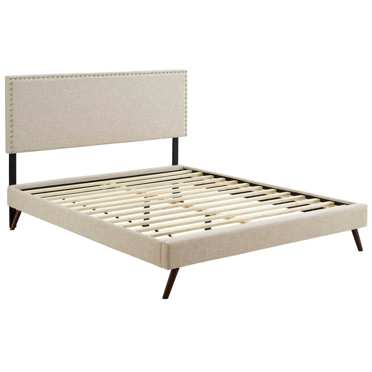 Fabric Queen Platform Bed with Round Splayed Legs in Beige - Platform Bed available at Alpine Outlets in Denver