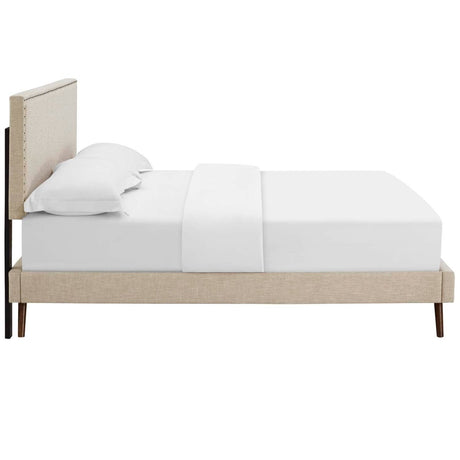 Fabric Queen Platform Bed with Round Splayed Legs in Beige - Platform Bed available at Alpine Outlets in Denver