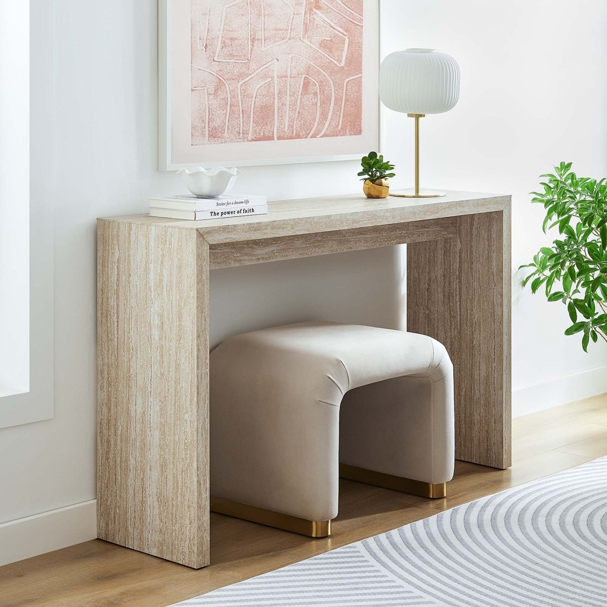 Faux Travertine Console Table with Apron – 54 Inch - Ottomans available at Alpine Outlets in Denver