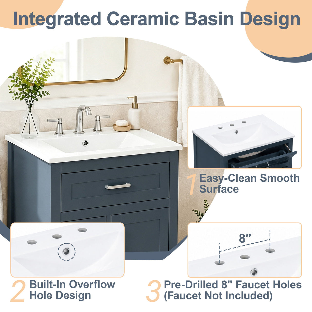 Modern Bathroom Vanity With Sink, Flip Drawer & 2 Drawers, Soft Close Hinges, Adjustable Shelf