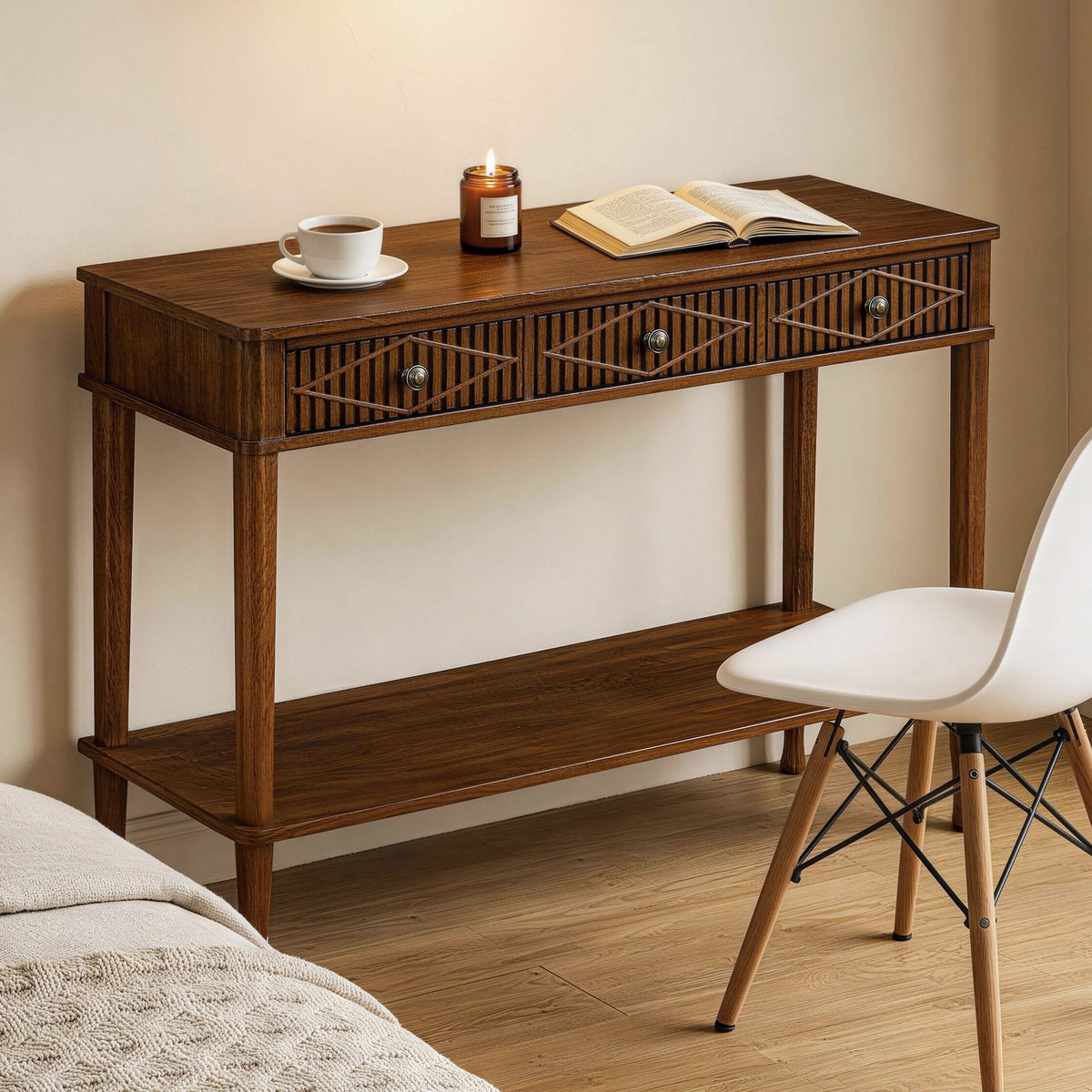 Console Table With Reeded Diamond Pattern Drawer Fronts, Open Storage Shelf For Living Room - Walnut