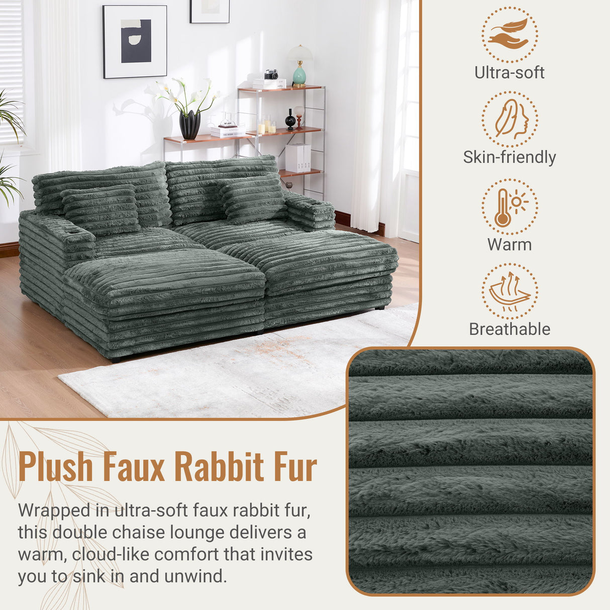 Oversized Double Chaise Lounge Sofa With USB Ports And Cup Holders