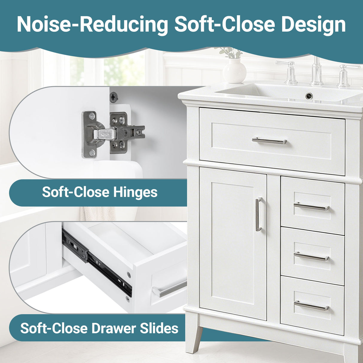 Modern Bathroom Vanity With Sink, Flip Drawer & 3 Drawers, Soft Close Hinges, Adjustable Shelf