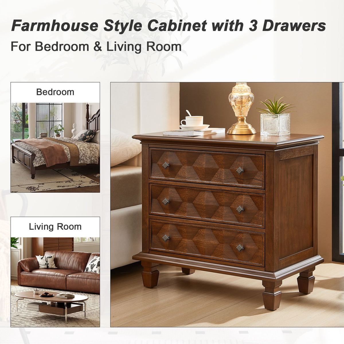 Nightstand With Charging Station, 3 Drawer Bedside Table - Walnut