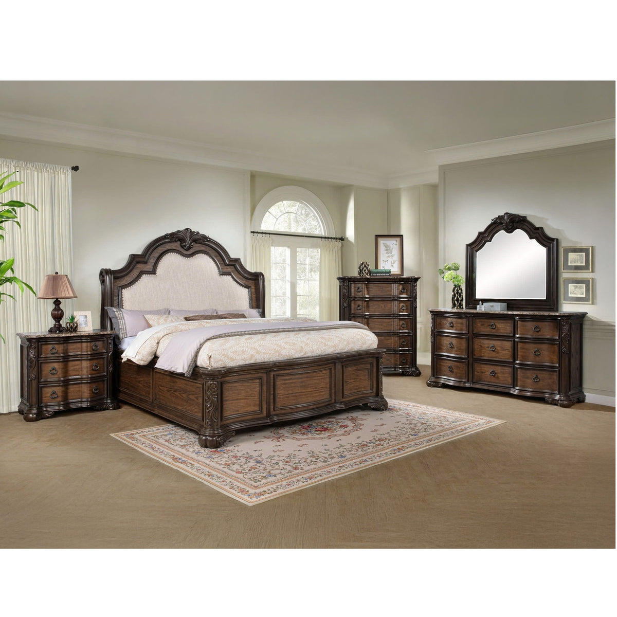 Queen Panel Bed Upholstered Headboard Tufted Nail Head Trim - Brown / Coffee