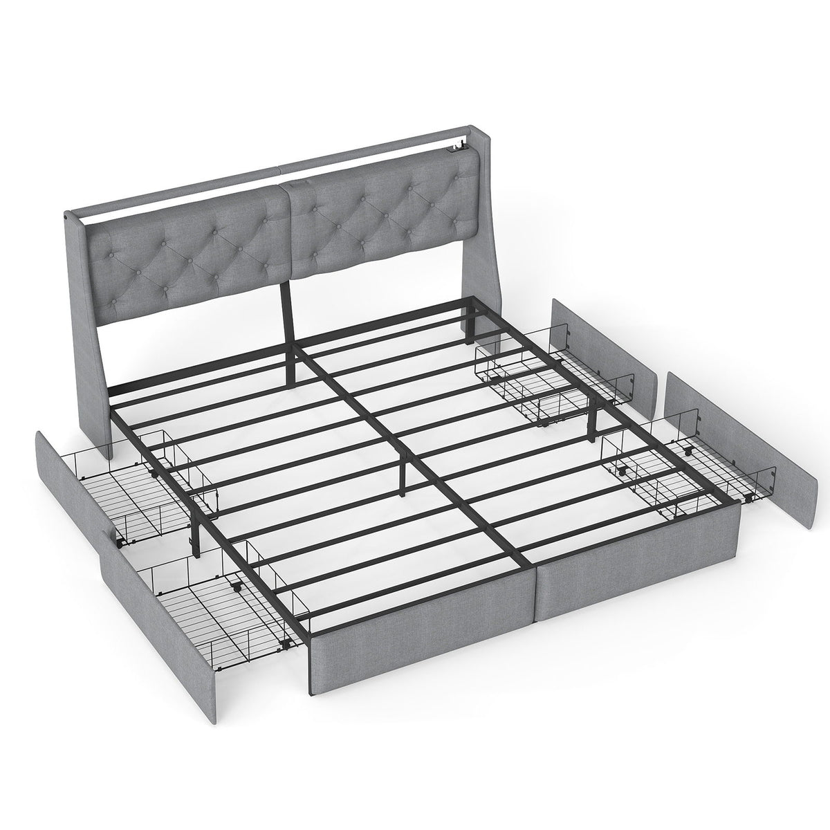 Platform Bed Frame With RGB LED Lights, Charging Station, Storage Headboard & 4 Underbed Drawers