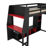 Gaming Loft Bed With Desk, Multi Storage Shelves, LED Lighting, And Hanging Clothes Rack