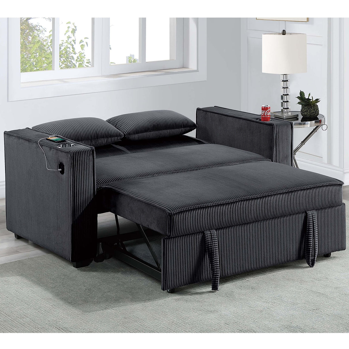 Modern Style Convertible Sofa With Pull-Out Bed, USB Ports & Cup Holders