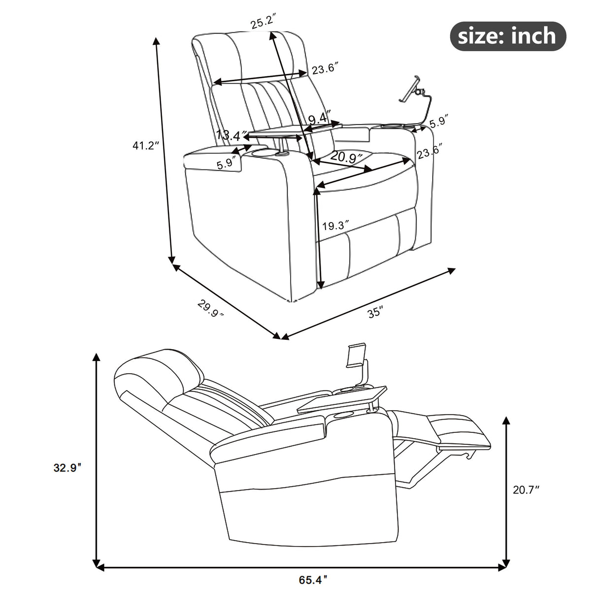Power Recliner With Storage Arms, Cupholders, Swivel Tray Table And Cell Phone Stand - Brown