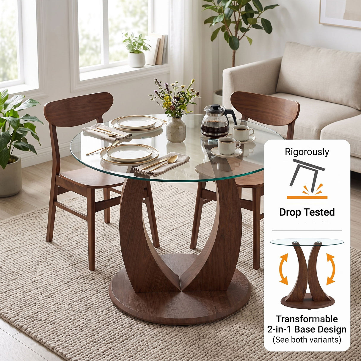 2 In 1 Round Glass Dining Table With Adjustable Curved Base, - Transparent / Walnut