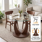 2 In 1 Round Glass Dining Table With Adjustable Curved Base, - Transparent / Walnut