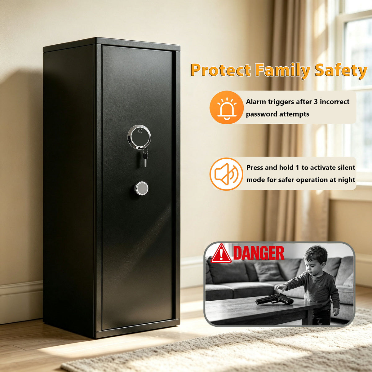 Rifle Safe, Biometric & Keypad Lock, Adjustable Gun Racks With Built In Alarm System