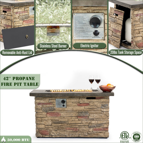 42-Inch Propane Gas Fire Pit Table 50,000 BTU Rectangular Concrete Fire Pit – Beige Multi