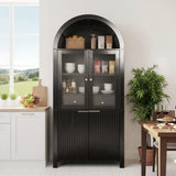 Fluted Tall Arched Pantry Cabinet With Adjustable Shelves, Glass Door & Hidden Drawer For Kitchen