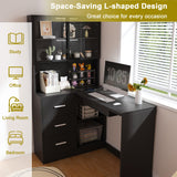 L-Shaped Computer Desk With Glass Cabinets, Built In LED Lights, USB Charging Ports