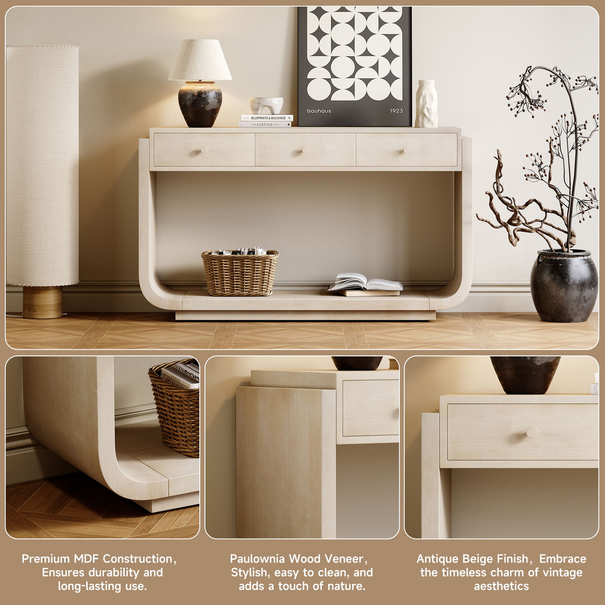 Console Table With 3 Drawers, Display Shelf