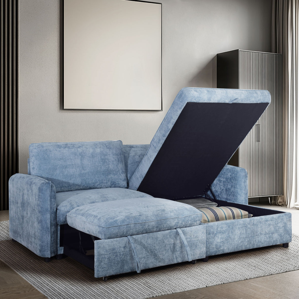 Finn Blue Storage Chaise with Hidden Storage