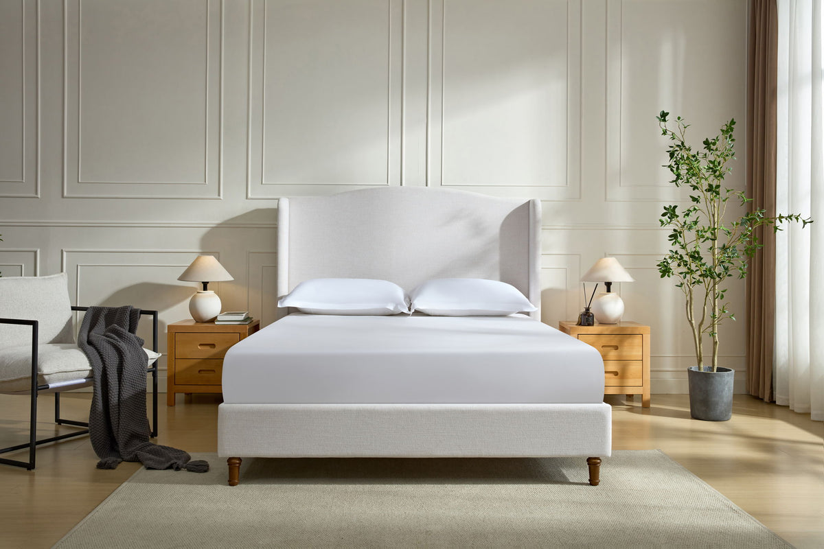 Hannah - Upholstered Wingback Bed Size / Tall Headboard Upholstered King Bed / Premium Textured Look / Minimalist Designs / No Box Spring Needed