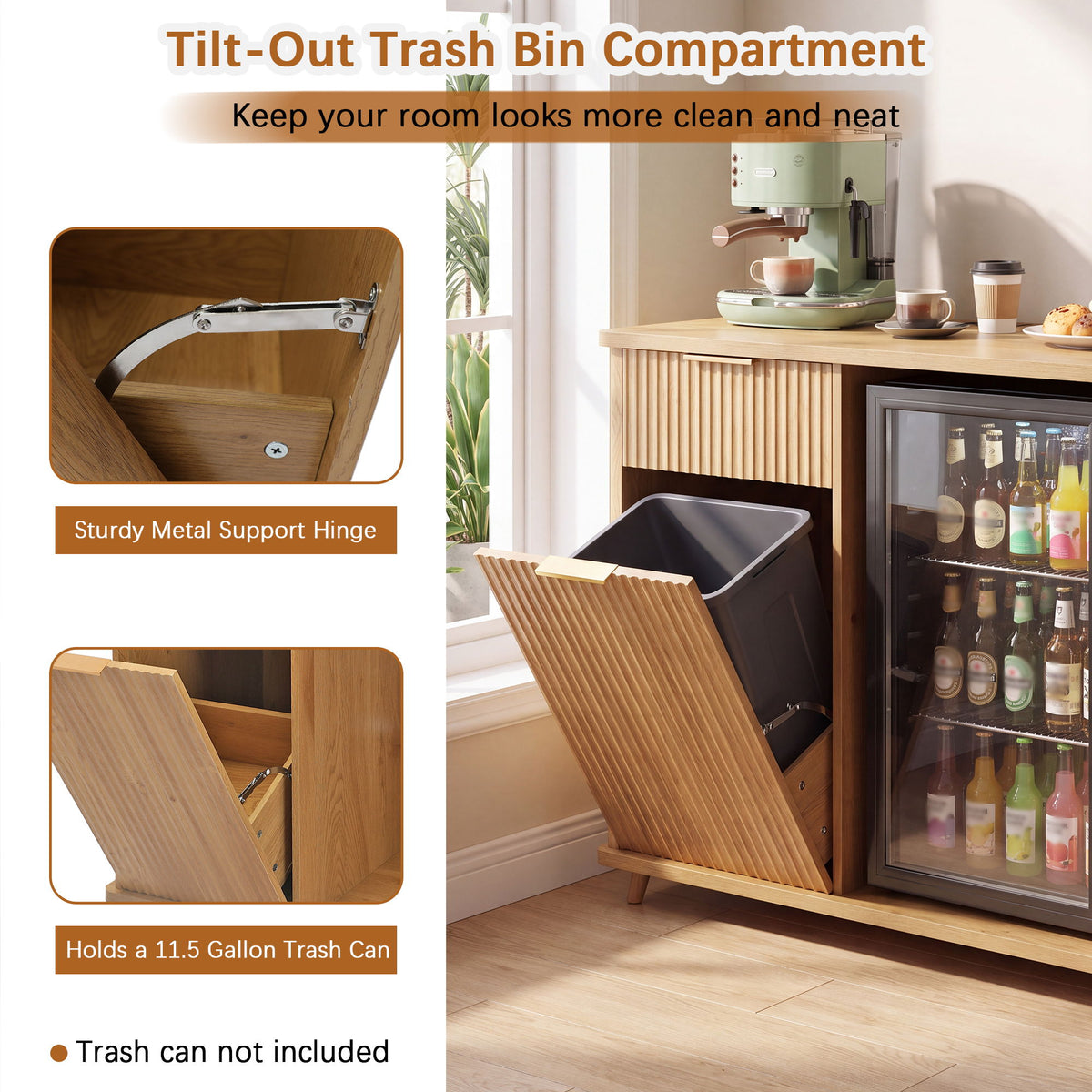 Fluted Coffee Bar Cabinet With Mini Fridge Space & Charging Station - Natural