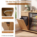 Fluted Coffee Bar Cabinet With Mini Fridge Space & Charging Station - Natural