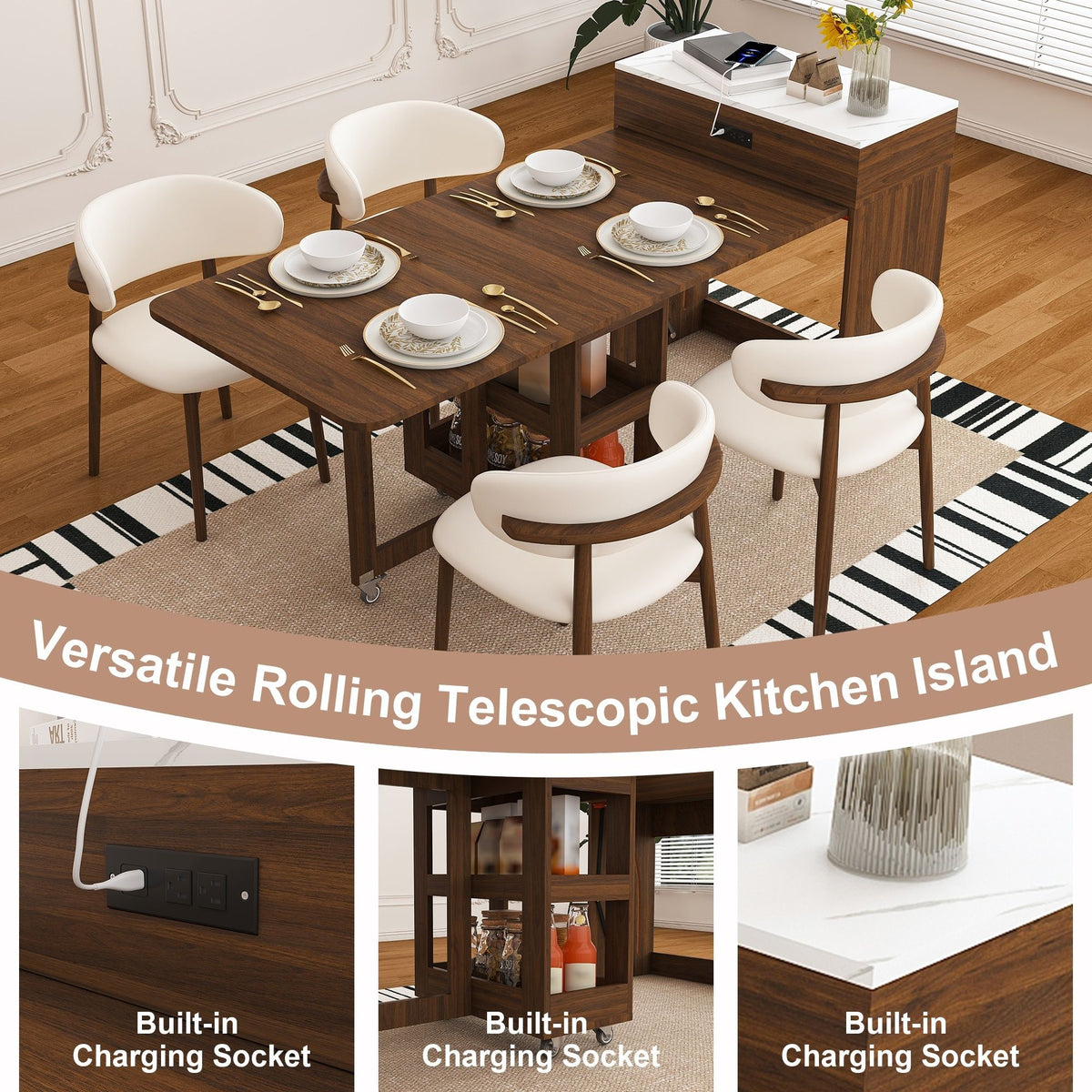 Extendable Dining Table With Power Socket, Lockable Casters, Storage Cabinet, Pull Out Kitchen Island - Natural Walnut