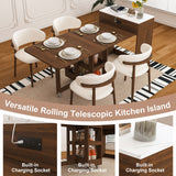 Extendable Dining Table With Power Socket, Lockable Casters, Storage Cabinet, Pull Out Kitchen Island - Natural Walnut