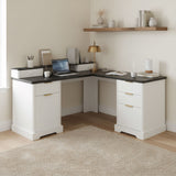 Fluted L-Shaped Desk With Charging Station & Storage Cabinet