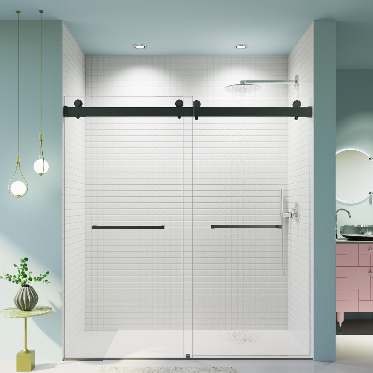 Frameless Double Sliding Soft-Close Shower Door, 3 / 8" (10Mm) Thick SGCC Tempered Glass Door, Matte - Shower Doors available at Alpine Outlets in Denver