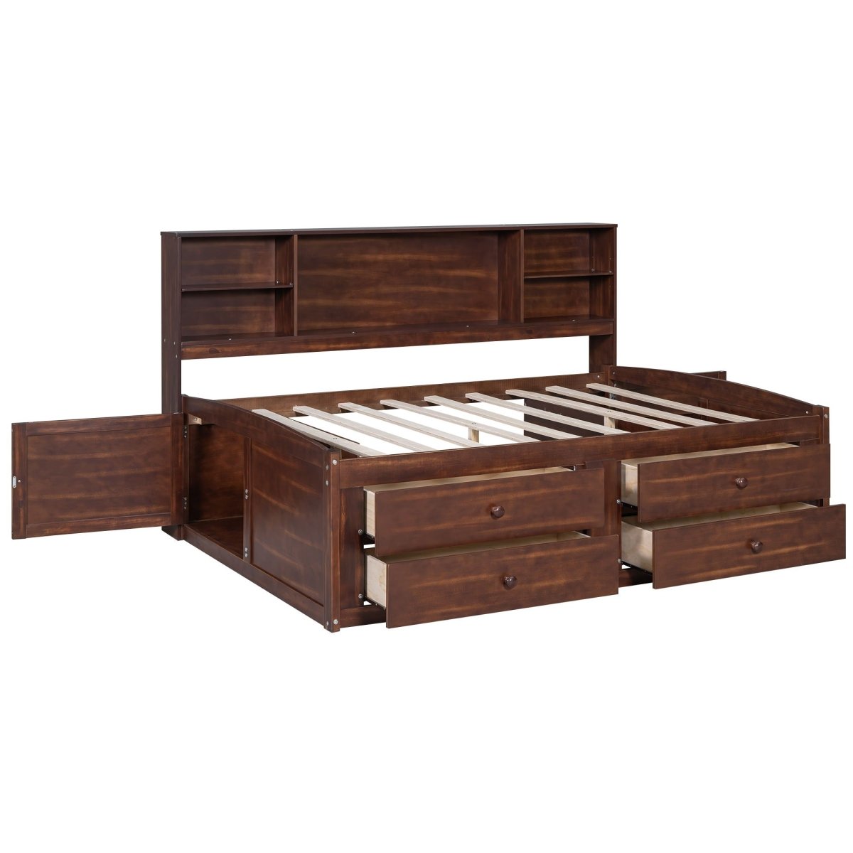 Full Size Captain Bed With Built In Storage Shelves, 4 Drawers And 2 Cabinets - Antique Brown - Storage Beds available at Alpine Outlets in Denver