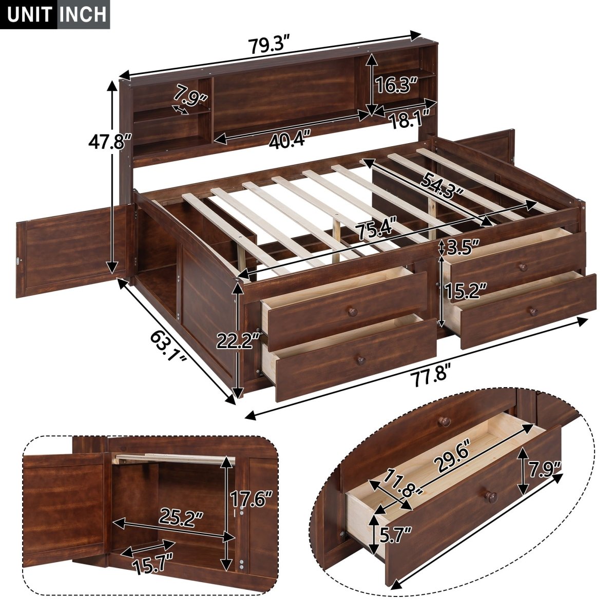 Full Size Captain Bed With Built In Storage Shelves, 4 Drawers And 2 Cabinets - Antique Brown - Storage Beds available at Alpine Outlets in Denver