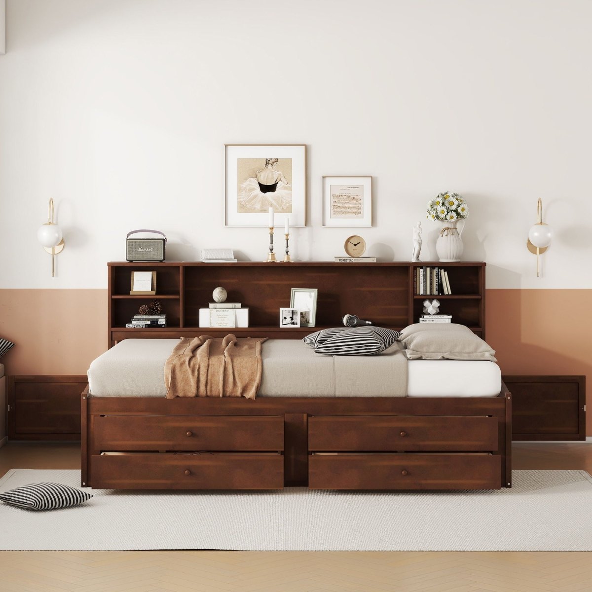 Full Size Captain Bed With Built In Storage Shelves, 4 Drawers And 2 Cabinets - Antique Brown - Storage Beds available at Alpine Outlets in Denver