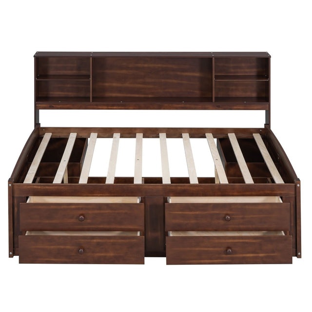 Full Size Captain Bed With Built In Storage Shelves, 4 Drawers And 2 Cabinets - Antique Brown - Storage Beds available at Alpine Outlets in Denver