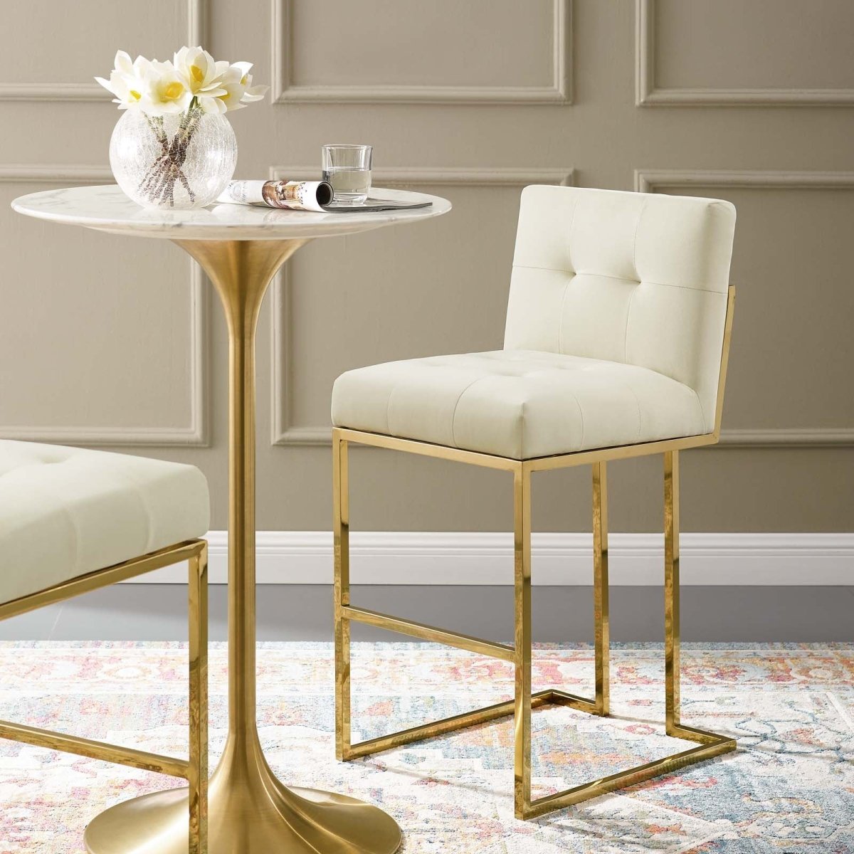 Glam Deco Performance Velvet Bar Stool – Gold Stainless Steel 42 Inch - Stools available at Alpine Outlets in Denver