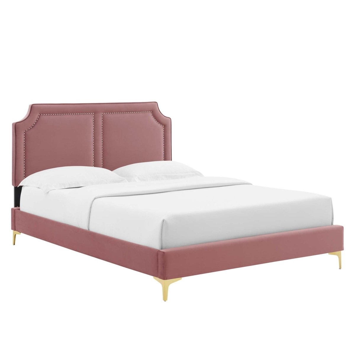 Glam Deco Performance Velvet King Platform Bed with Nailhead Trim in Dusty Rose - Platform Bed available at Alpine Outlets in Denver