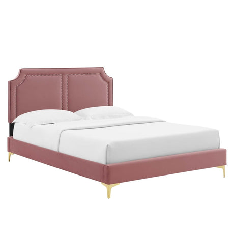 Glam Deco Performance Velvet King Platform Bed with Nailhead Trim in Dusty Rose - Platform Bed available at Alpine Outlets in Denver