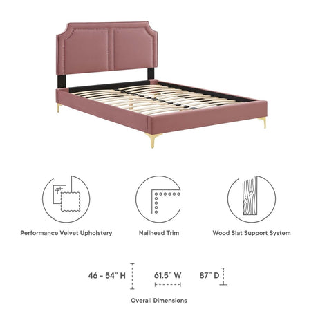 Glam Deco Performance Velvet King Platform Bed with Nailhead Trim in Dusty Rose - Platform Bed available at Alpine Outlets in Denver
