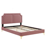 Glam Deco Performance Velvet King Platform Bed with Nailhead Trim in Dusty Rose - Platform Bed available at Alpine Outlets in Denver