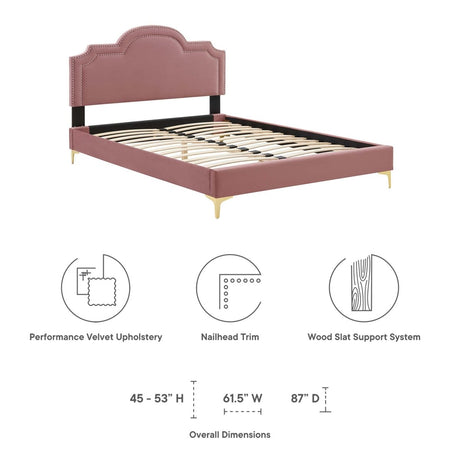 Glam Deco Performance Velvet King Platform Bed with Scalloped Headboard in Dusty Rose - Platform Bed available at Alpine Outlets in Denver