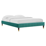 Glam Deco Performance Velvet Platform Bed Frame with Gold Detailed Wood Legs - Platform Bed available at Alpine Outlets in Denver