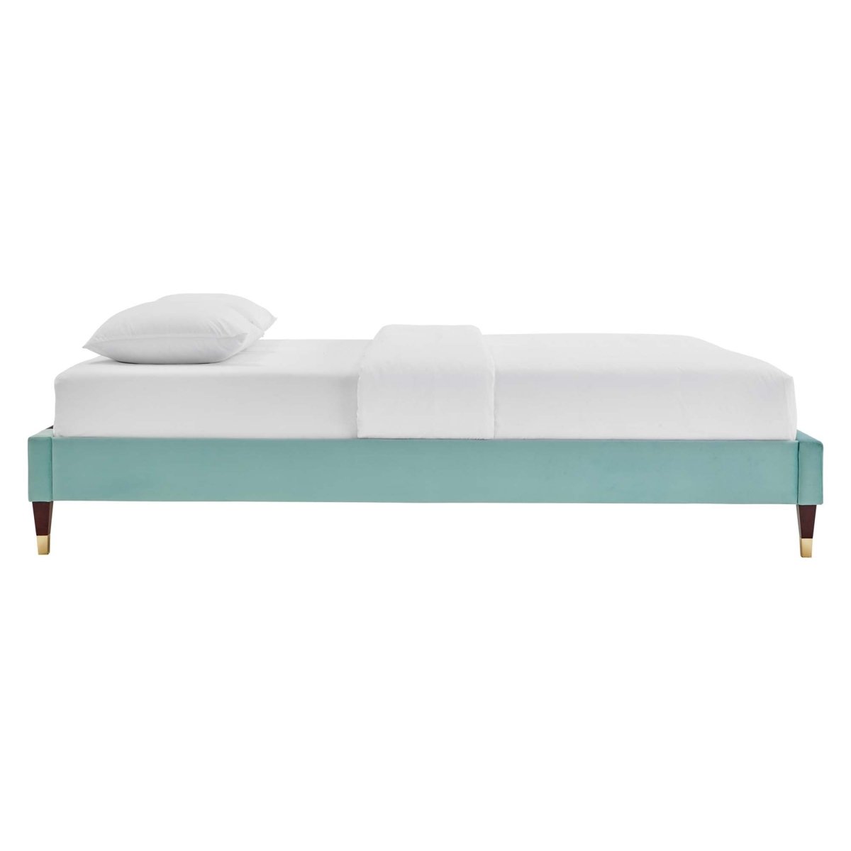Glam Deco Performance Velvet Platform Bed Frame with Gold Detailed Wood Legs - Platform Bed available at Alpine Outlets in Denver