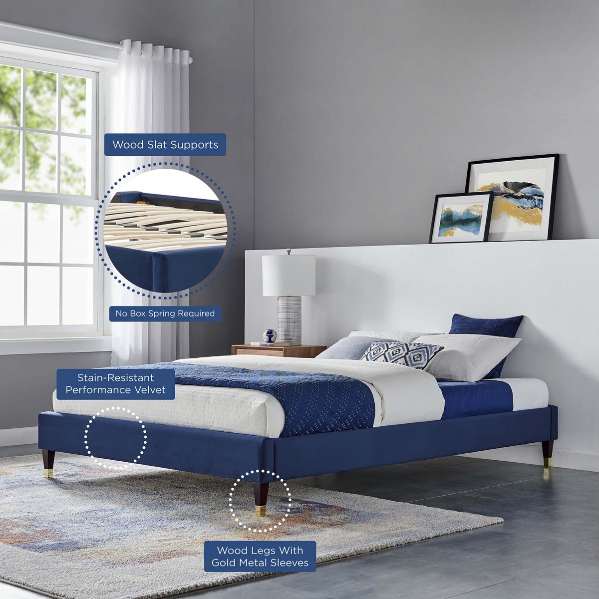Glam Deco Performance Velvet Platform Bed Frame with Gold Detailed Wood Legs - Platform Bed available at Alpine Outlets in Denver