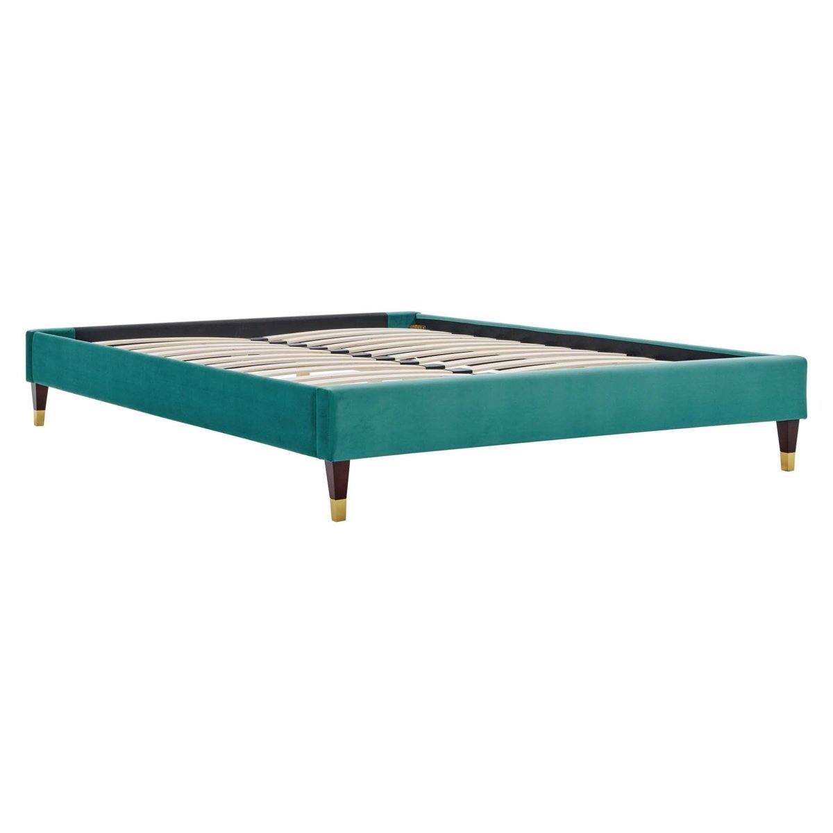 Glam Deco Performance Velvet Platform Bed Frame with Gold Detailed Wood Legs - Platform Bed available at Alpine Outlets in Denver