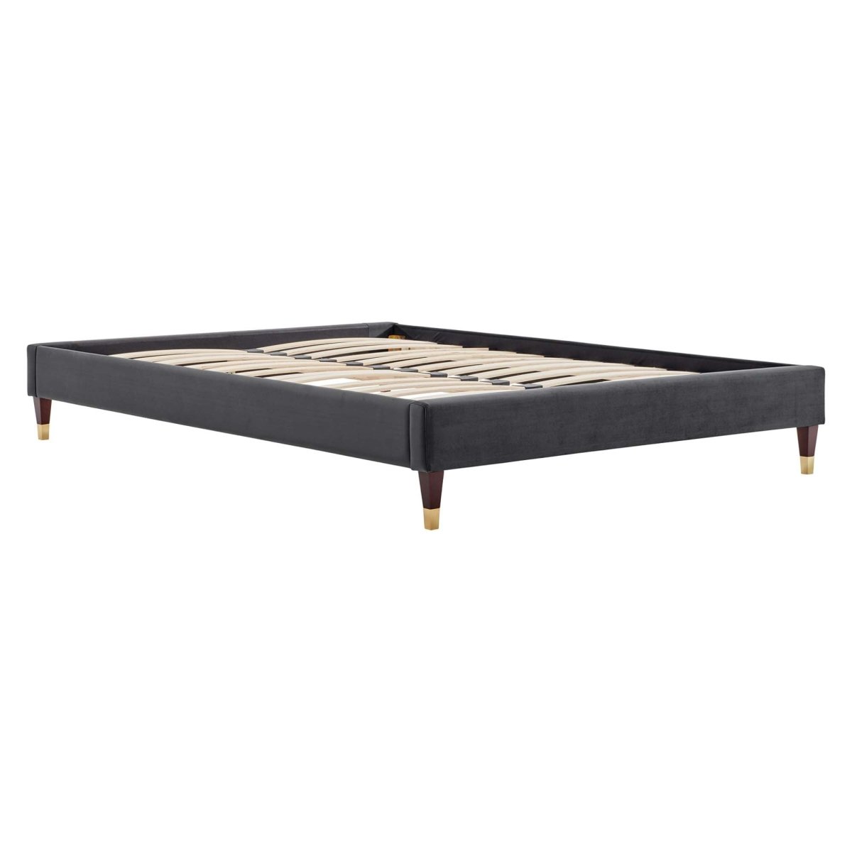 Glam Deco Performance Velvet Platform Bed Frame with Gold Detailed Wood Legs - Platform Bed available at Alpine Outlets in Denver