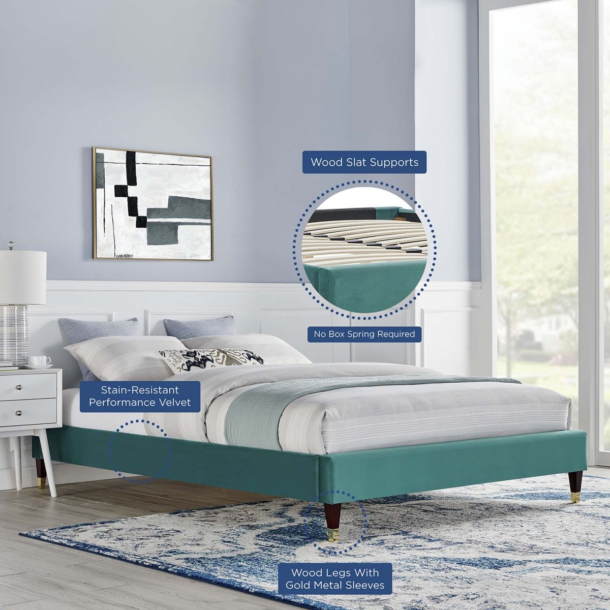 Glam Deco Performance Velvet Platform Bed Frame with Gold Detailed Wood Legs - Platform Bed available at Alpine Outlets in Denver