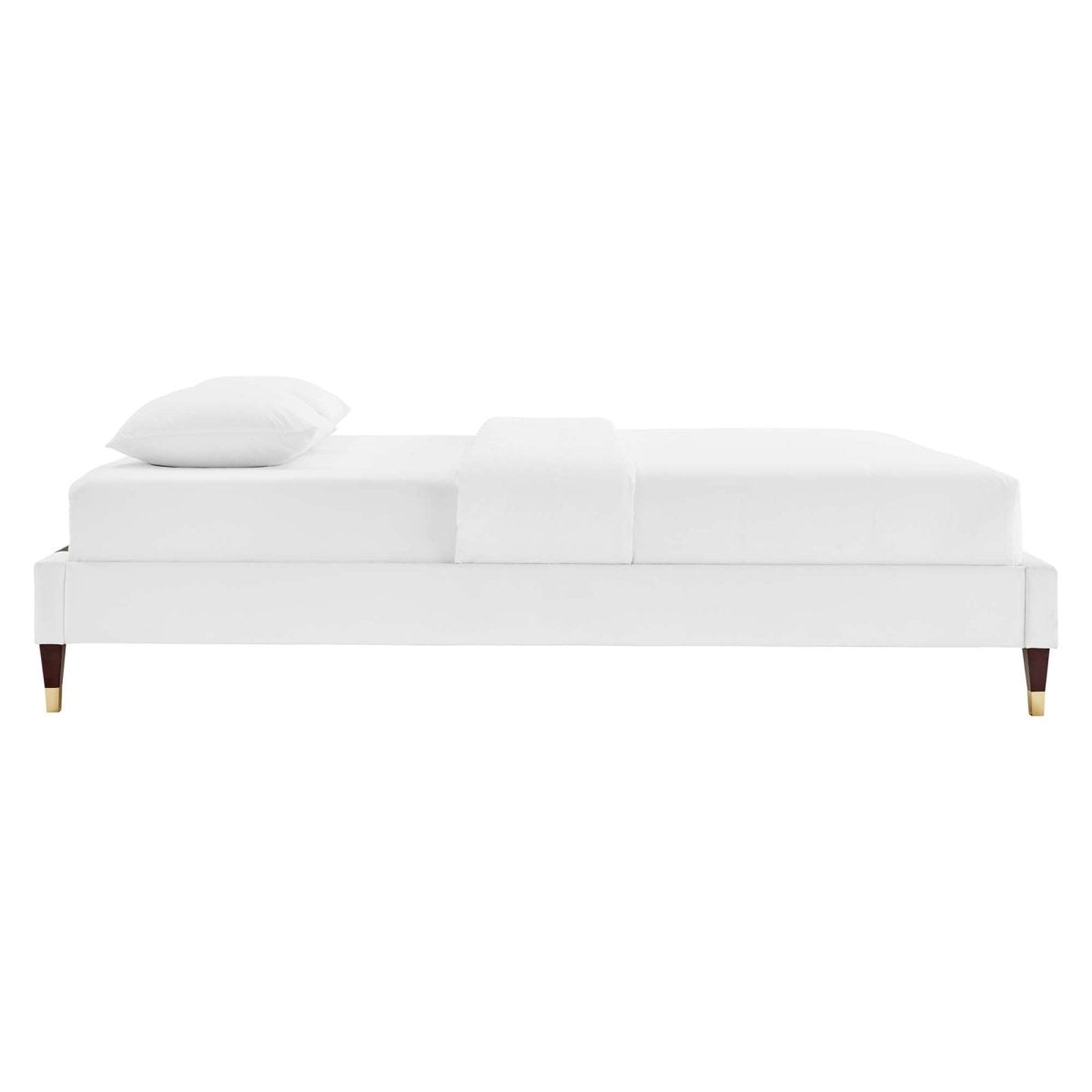 Glam Deco Performance Velvet Platform Bed Frame with Gold Detailed Wood Legs - Platform Bed available at Alpine Outlets in Denver