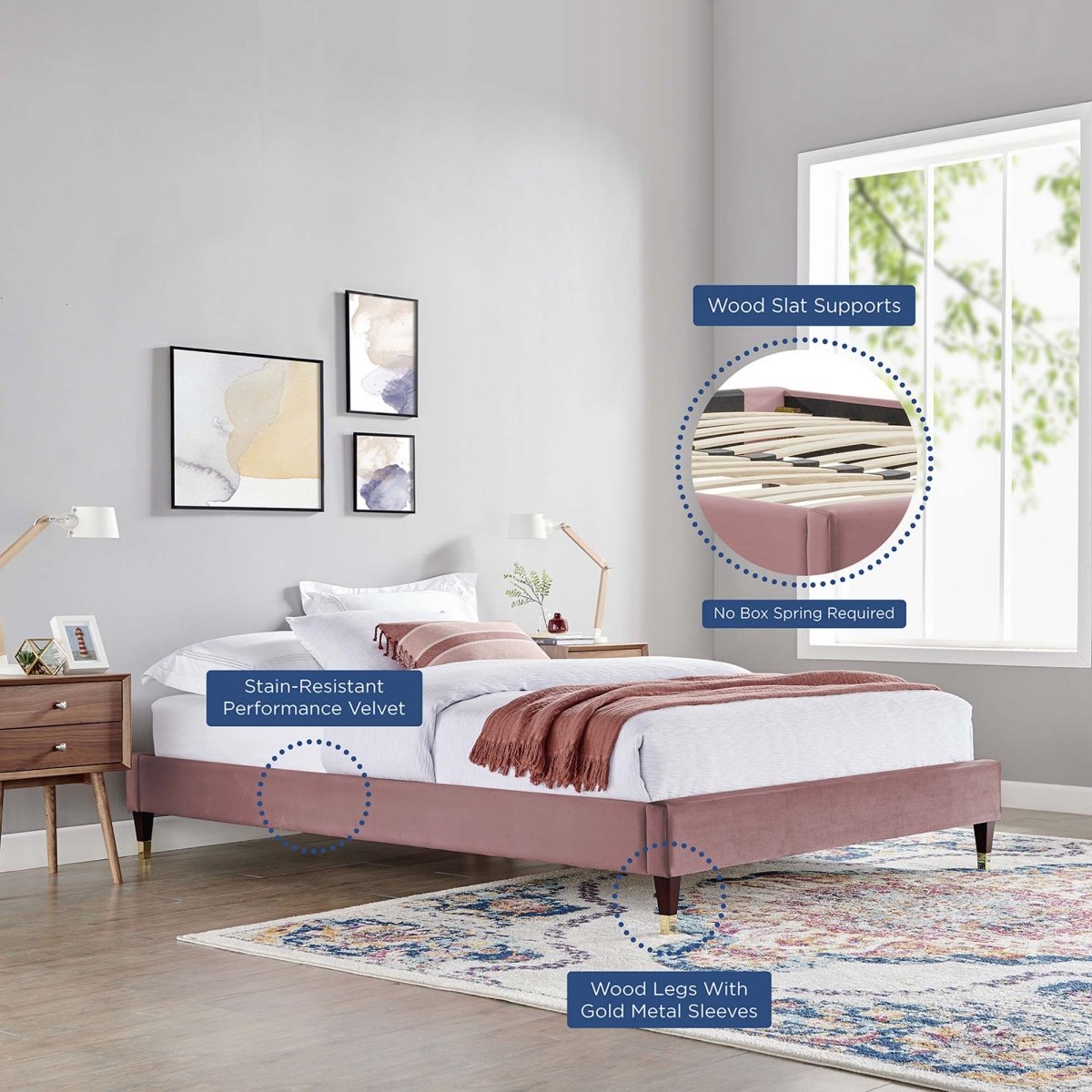 Glam Deco Performance Velvet Platform Bed Frame with Gold Detailed Wood Legs - Platform Bed available at Alpine Outlets in Denver