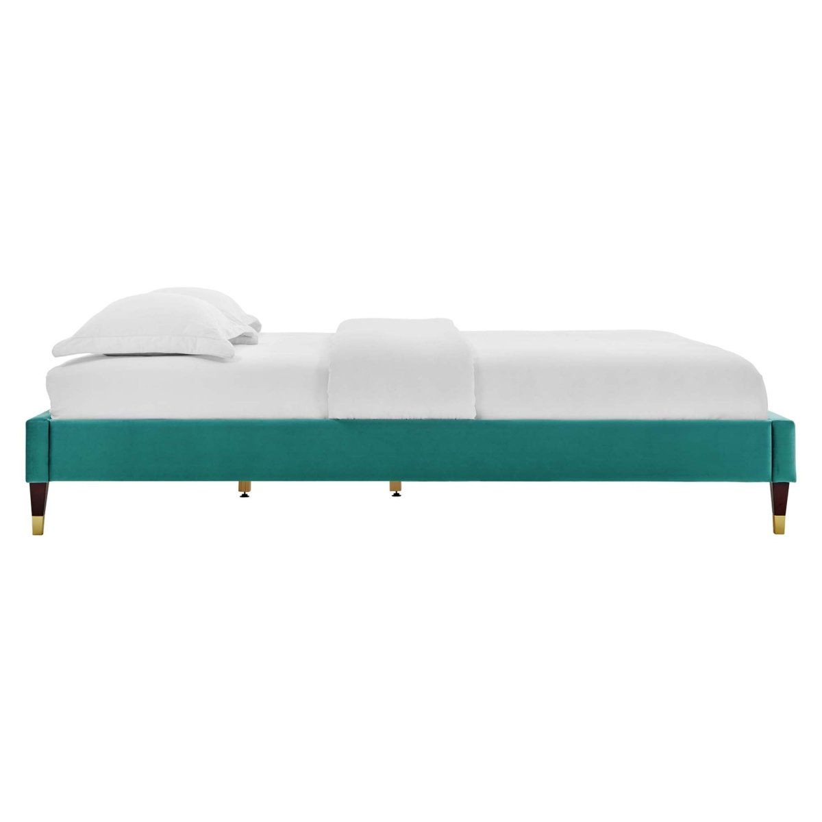 Glam Deco Performance Velvet Platform Bed Frame with Gold Detailed Wood Legs - Platform Bed available at Alpine Outlets in Denver